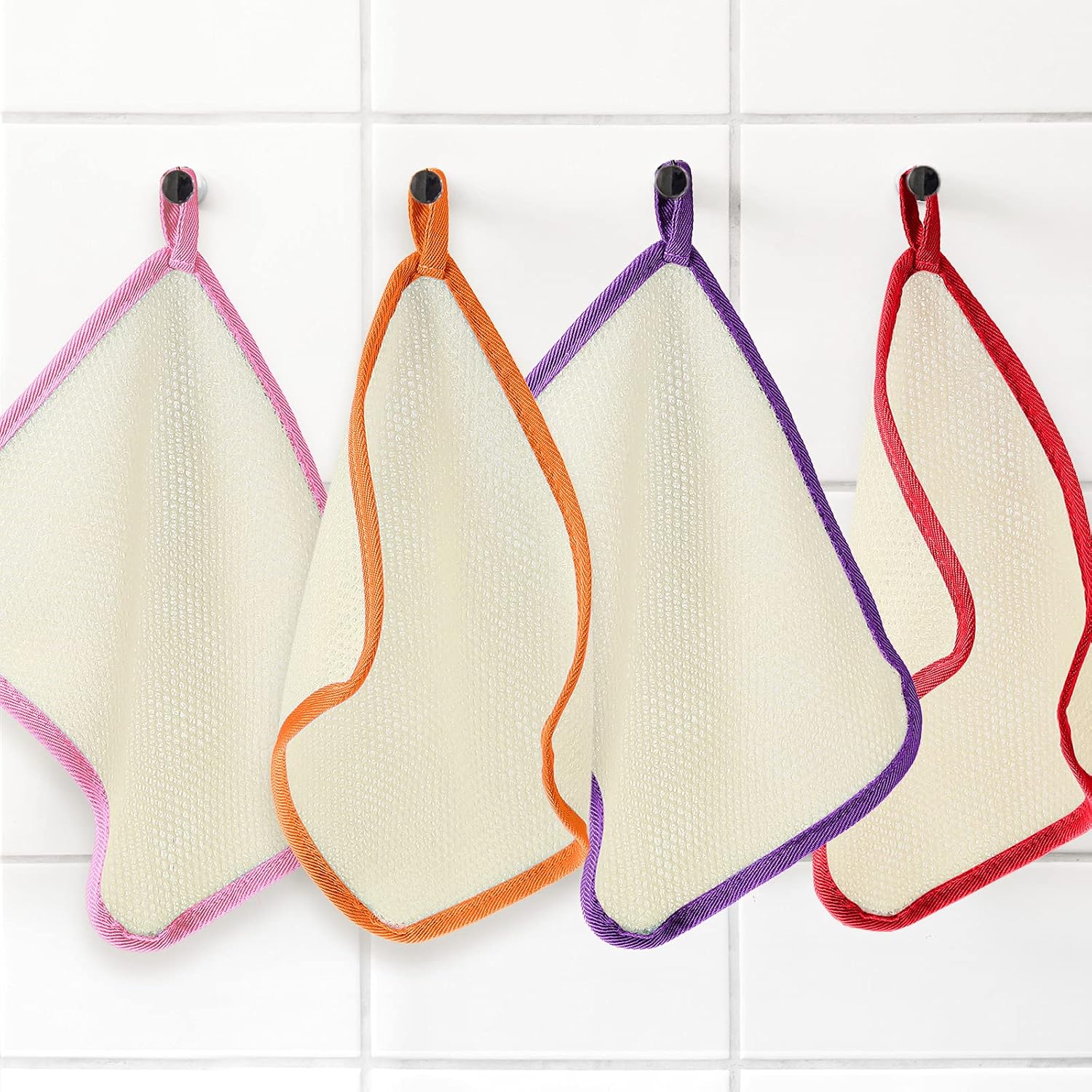 Tatuo 5 Pcs Exfoliating Face and Body Wash Cloths Towel Weave Bath Exfoliating Scrub Massage Bath Cloth for Women and Men, 10.63 x 9.05 Inch(Green, Orange, Pink, Purple, Red Edge)